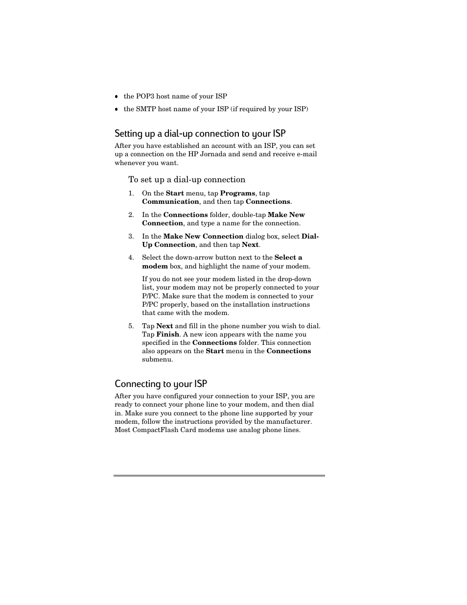 Setting up a dial-up connection to your isp, Connecting to your isp | HP Jornada 420 User Manual | Page 63 / 146