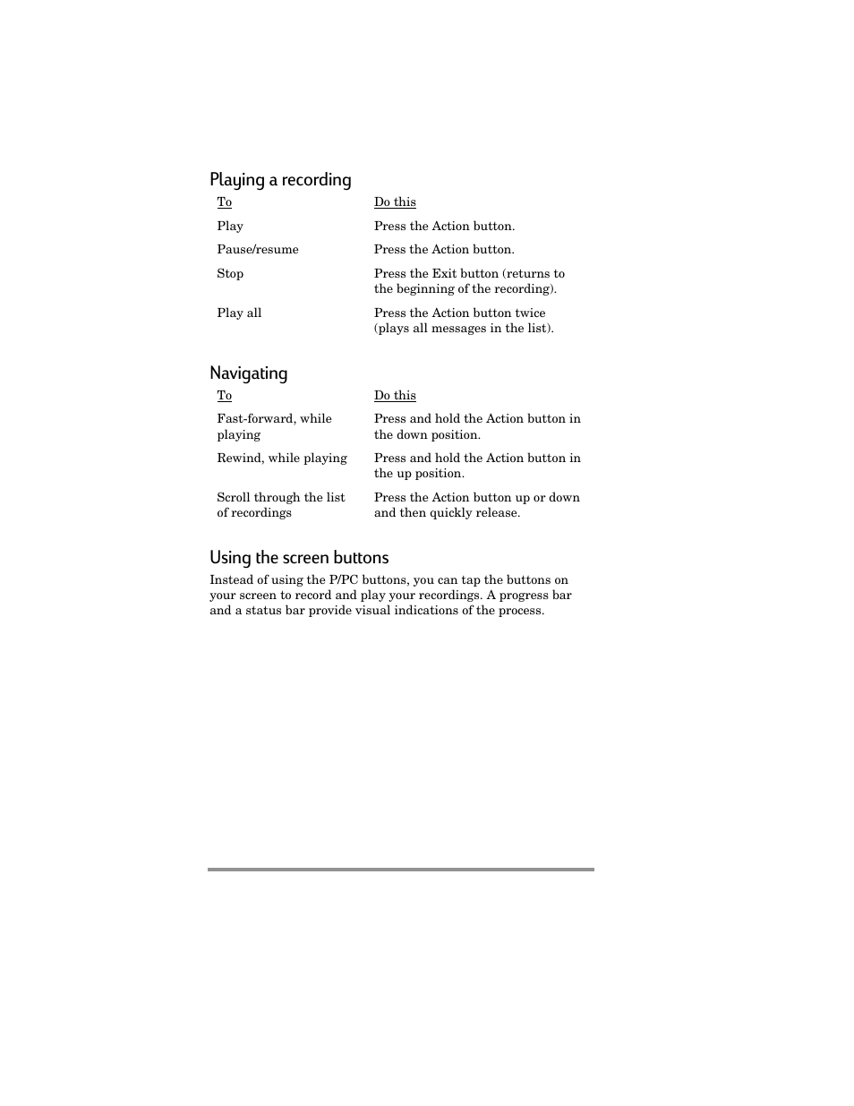 Playing a recording, Navigating, Using the screen buttons | HP Jornada 420 User Manual | Page 77 / 146