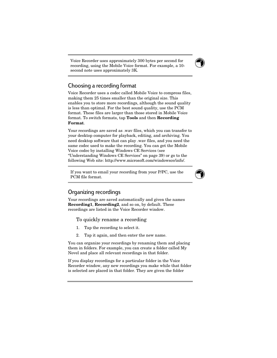Choosing a recording format, Organizing recordings | HP Jornada 420 User Manual | Page 79 / 146