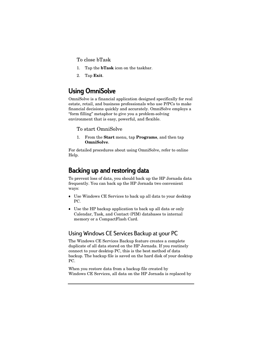 Using g o omnisolve, Backing g uup p aand d rrestoring g ddata, Using windows ce services backup at your pc | HP Jornada 420 User Manual | Page 87 / 146