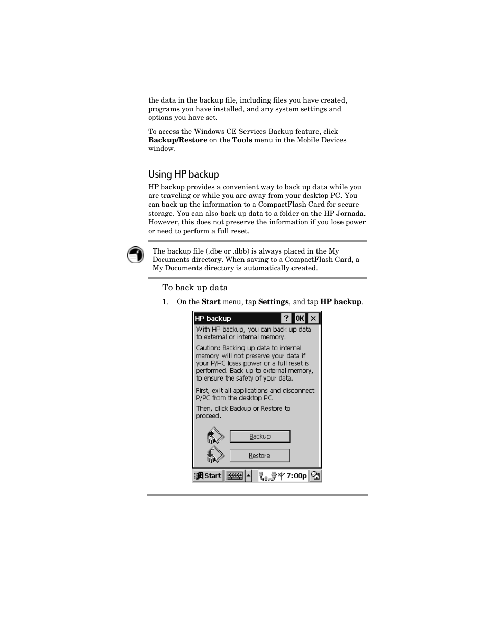 Using hp backup | HP Jornada 420 User Manual | Page 88 / 146