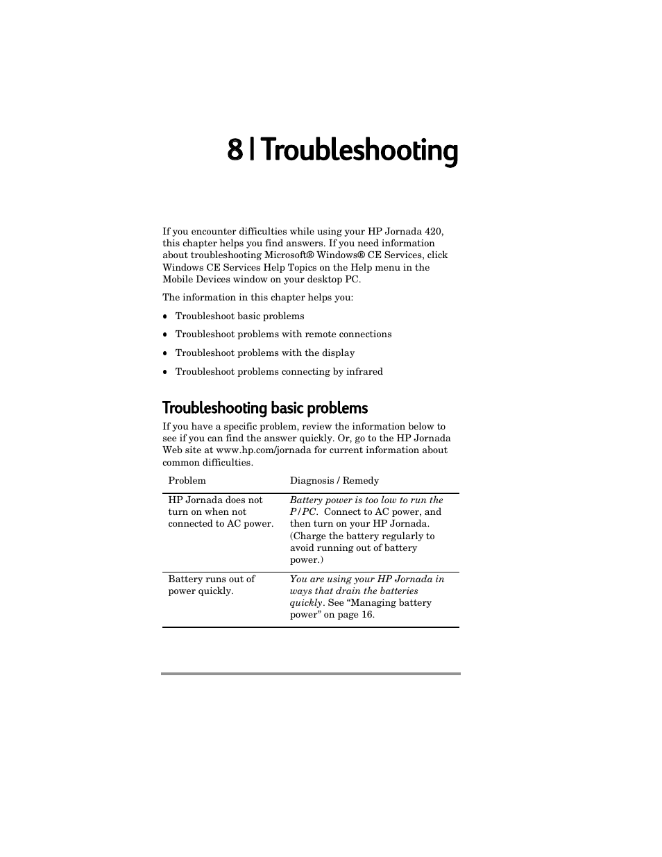 88 | | ttroubleshooting, Troubleshooting g bbasic c pproblems | HP Jornada 420 User Manual | Page 99 / 146