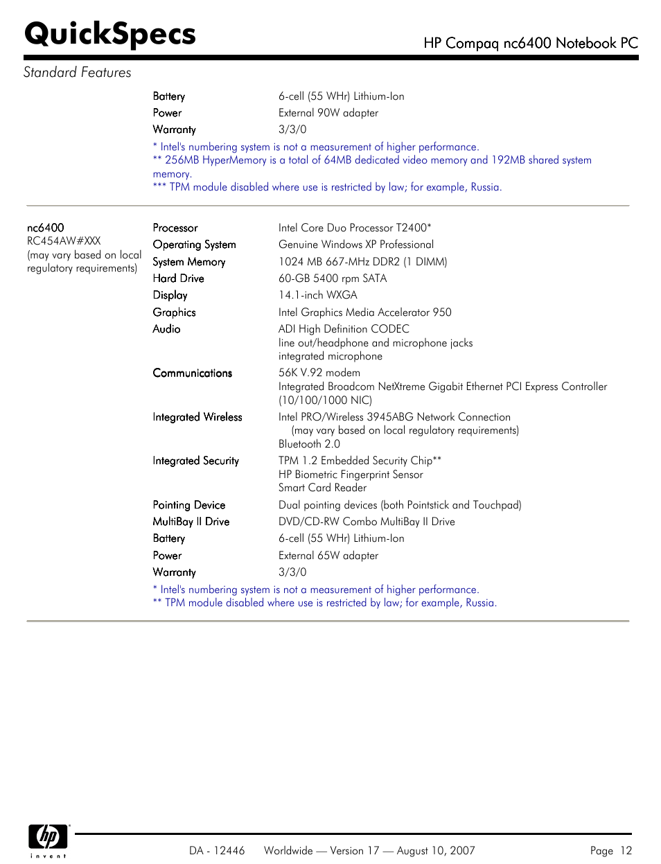 Quickspecs | HP NC6400 User Manual | Page 12 / 44