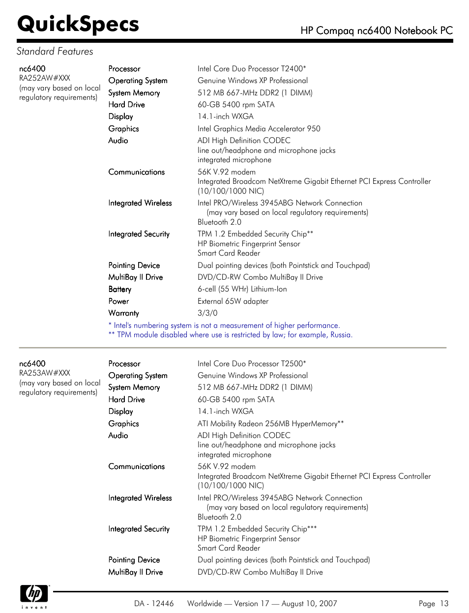 Quickspecs | HP NC6400 User Manual | Page 13 / 44