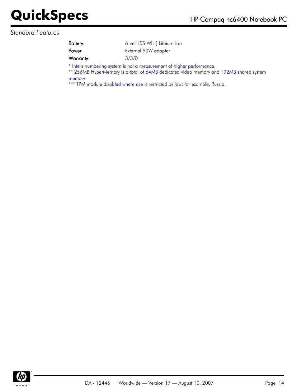 Quickspecs | HP NC6400 User Manual | Page 14 / 44