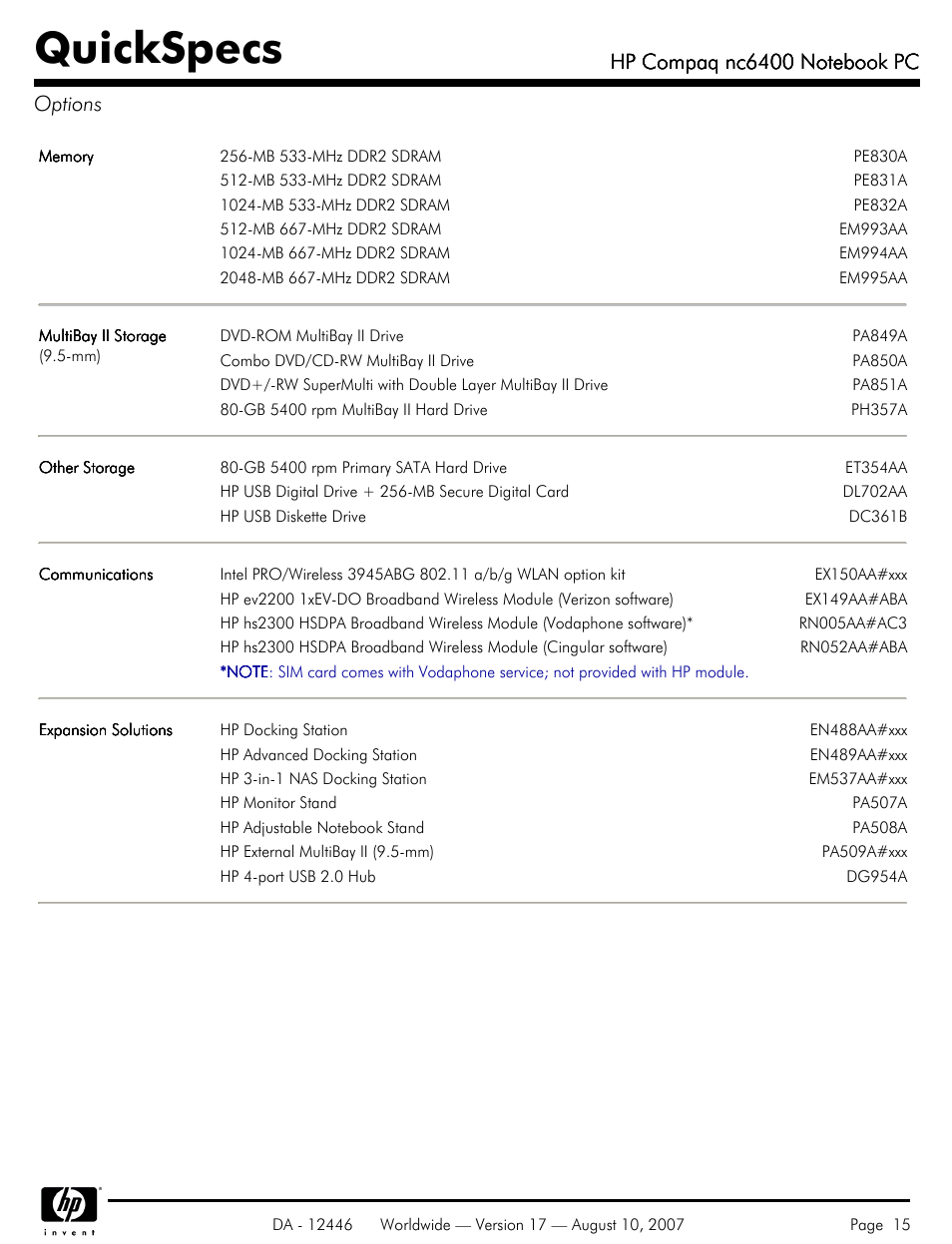 Options, Quickspecs | HP NC6400 User Manual | Page 15 / 44