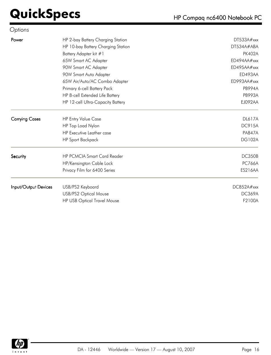 Quickspecs | HP NC6400 User Manual | Page 16 / 44