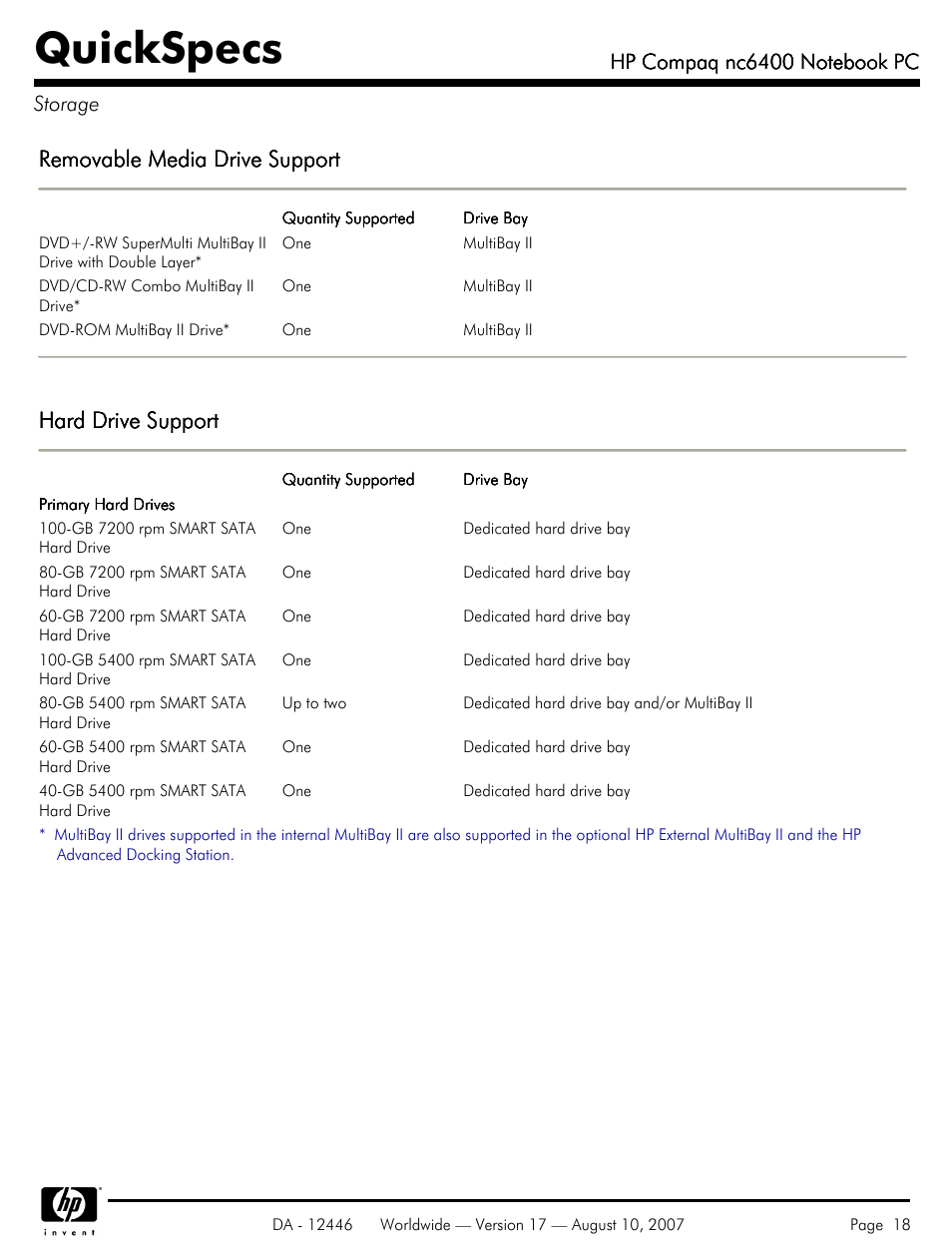 Storage, Quickspecs, Removable media drive support | Hard drive support | HP NC6400 User Manual | Page 18 / 44