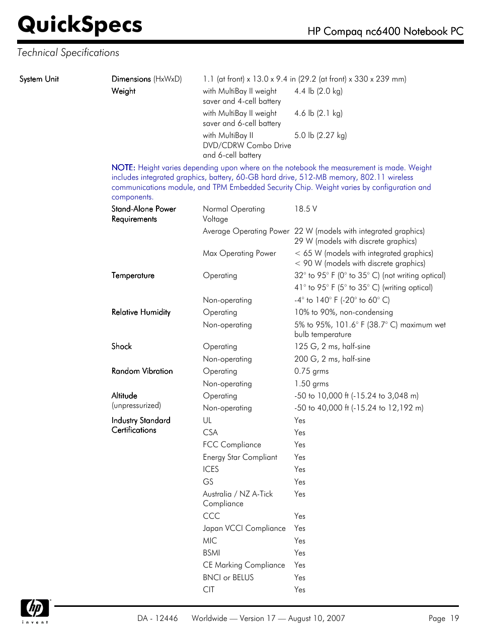 Technical specifications, Quickspecs | HP NC6400 User Manual | Page 19 / 44