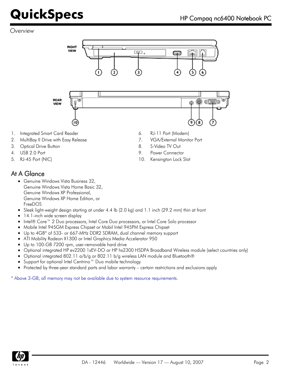 Quickspecs, At a glance | HP NC6400 User Manual | Page 2 / 44
