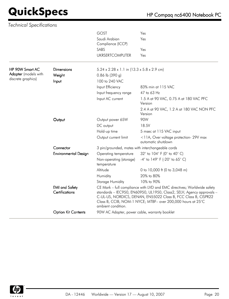 Quickspecs | HP NC6400 User Manual | Page 20 / 44