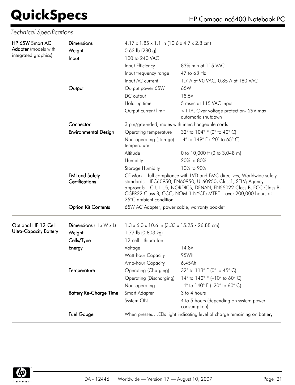 Quickspecs | HP NC6400 User Manual | Page 21 / 44