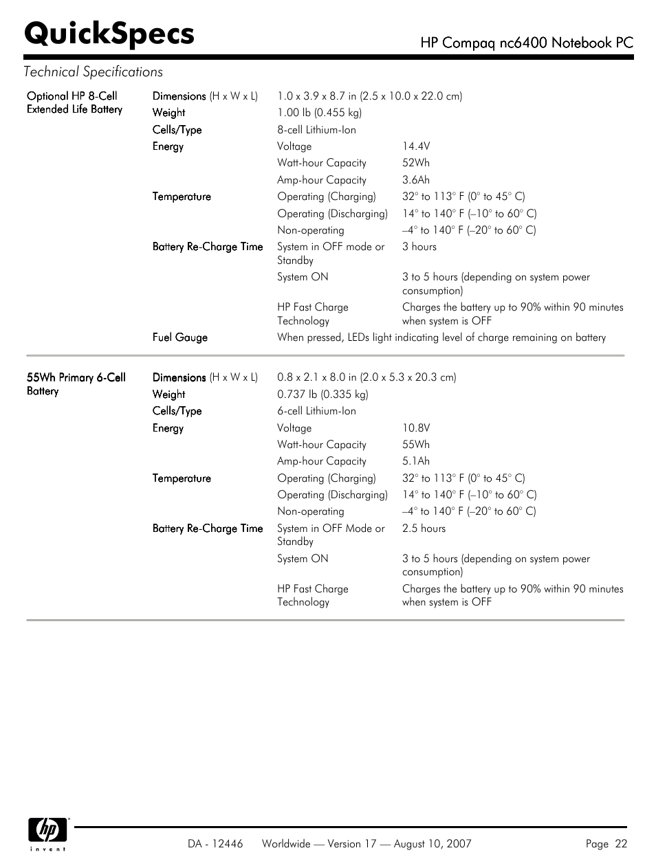 Quickspecs | HP NC6400 User Manual | Page 22 / 44