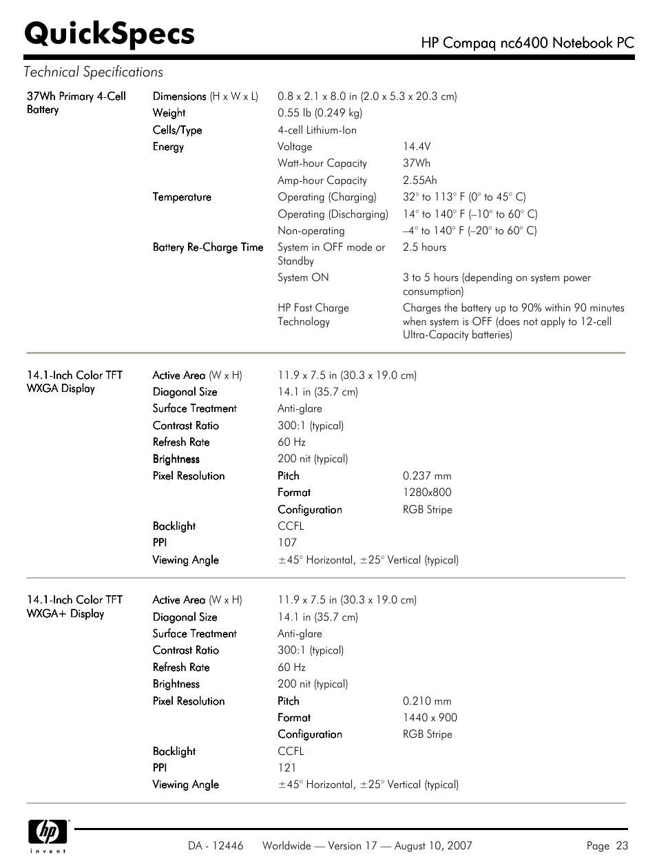 Quickspecs | HP NC6400 User Manual | Page 23 / 44