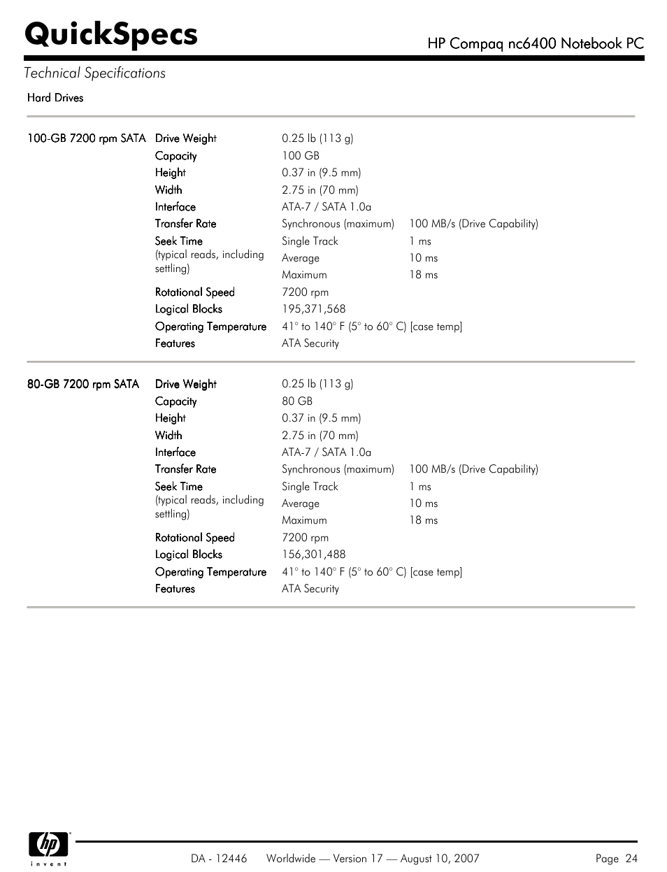 Quickspecs | HP NC6400 User Manual | Page 24 / 44