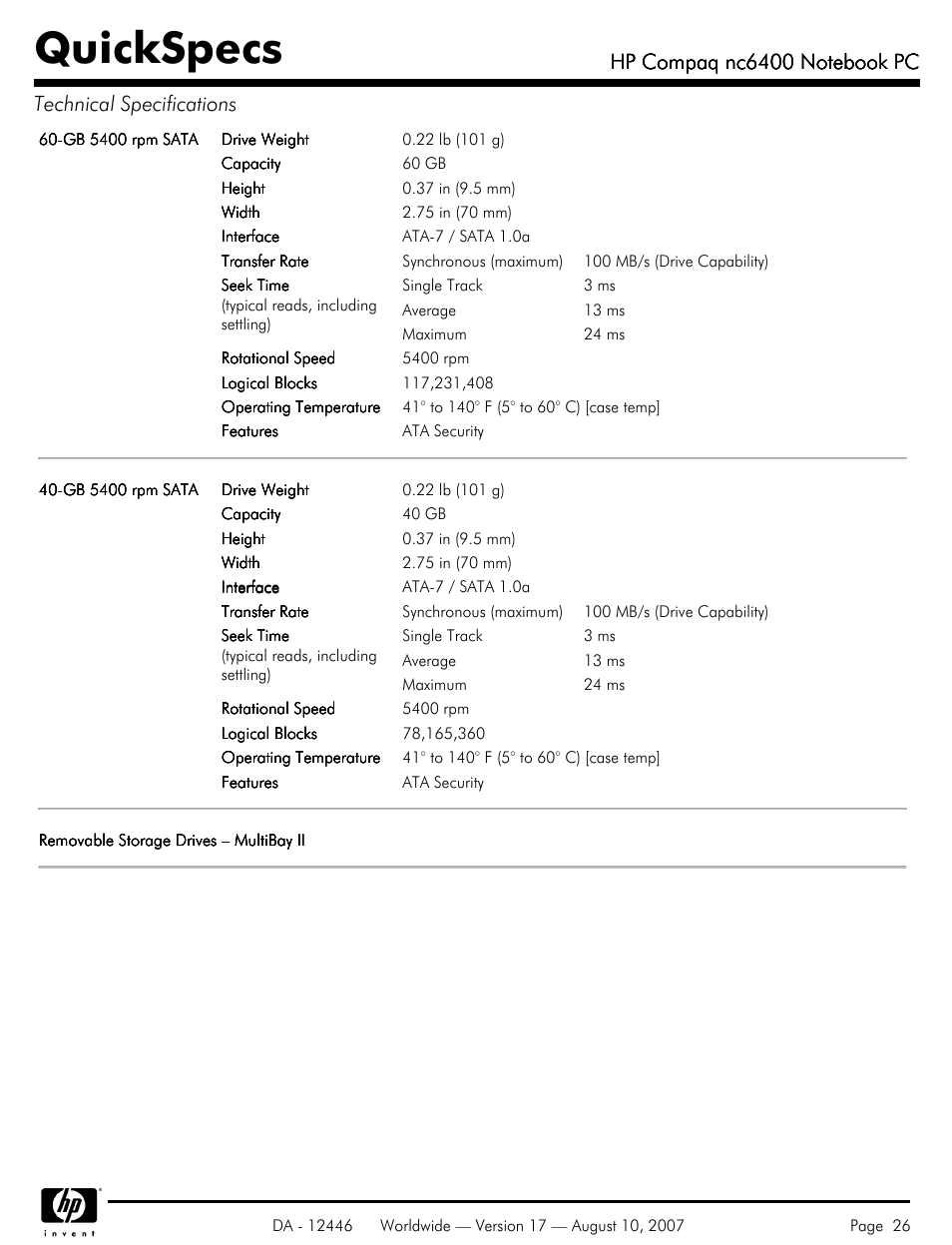 Quickspecs | HP NC6400 User Manual | Page 26 / 44