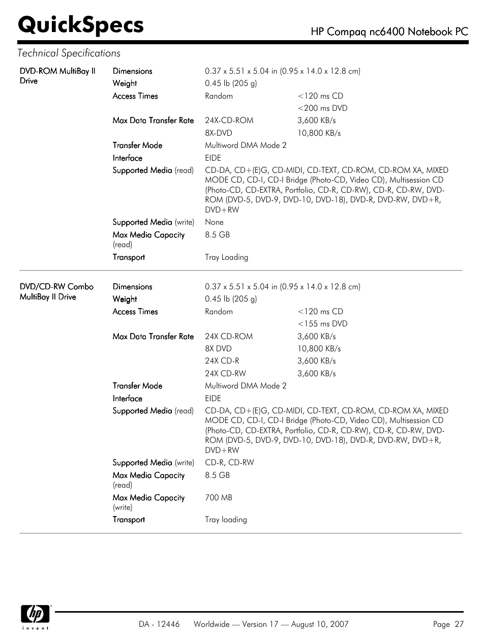 Quickspecs | HP NC6400 User Manual | Page 27 / 44