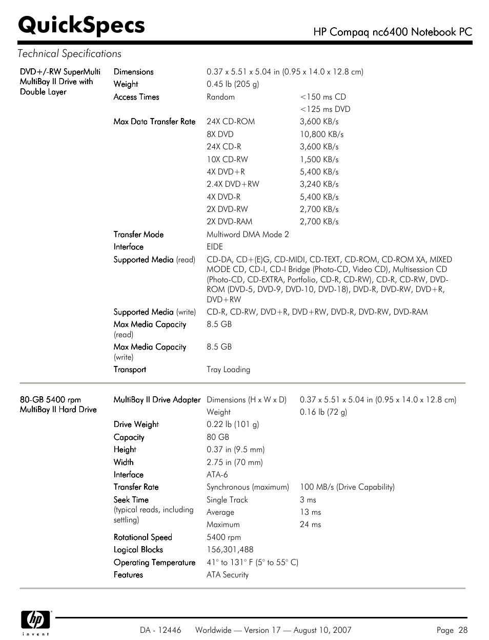 Quickspecs | HP NC6400 User Manual | Page 28 / 44