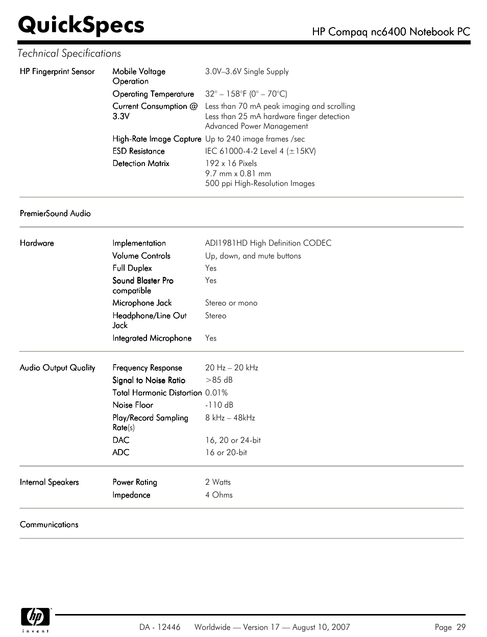Quickspecs | HP NC6400 User Manual | Page 29 / 44