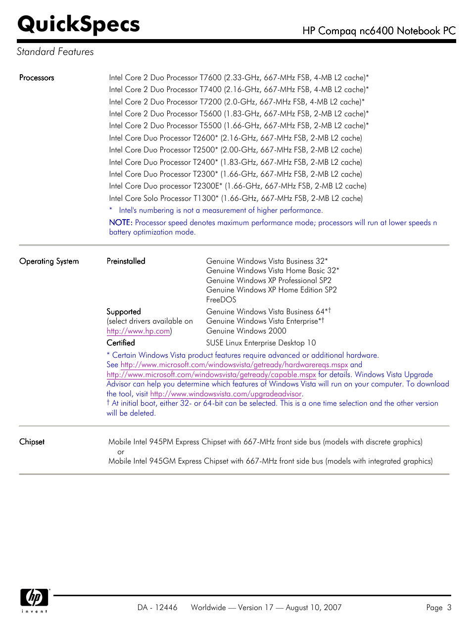 Standard features, Quickspecs | HP NC6400 User Manual | Page 3 / 44