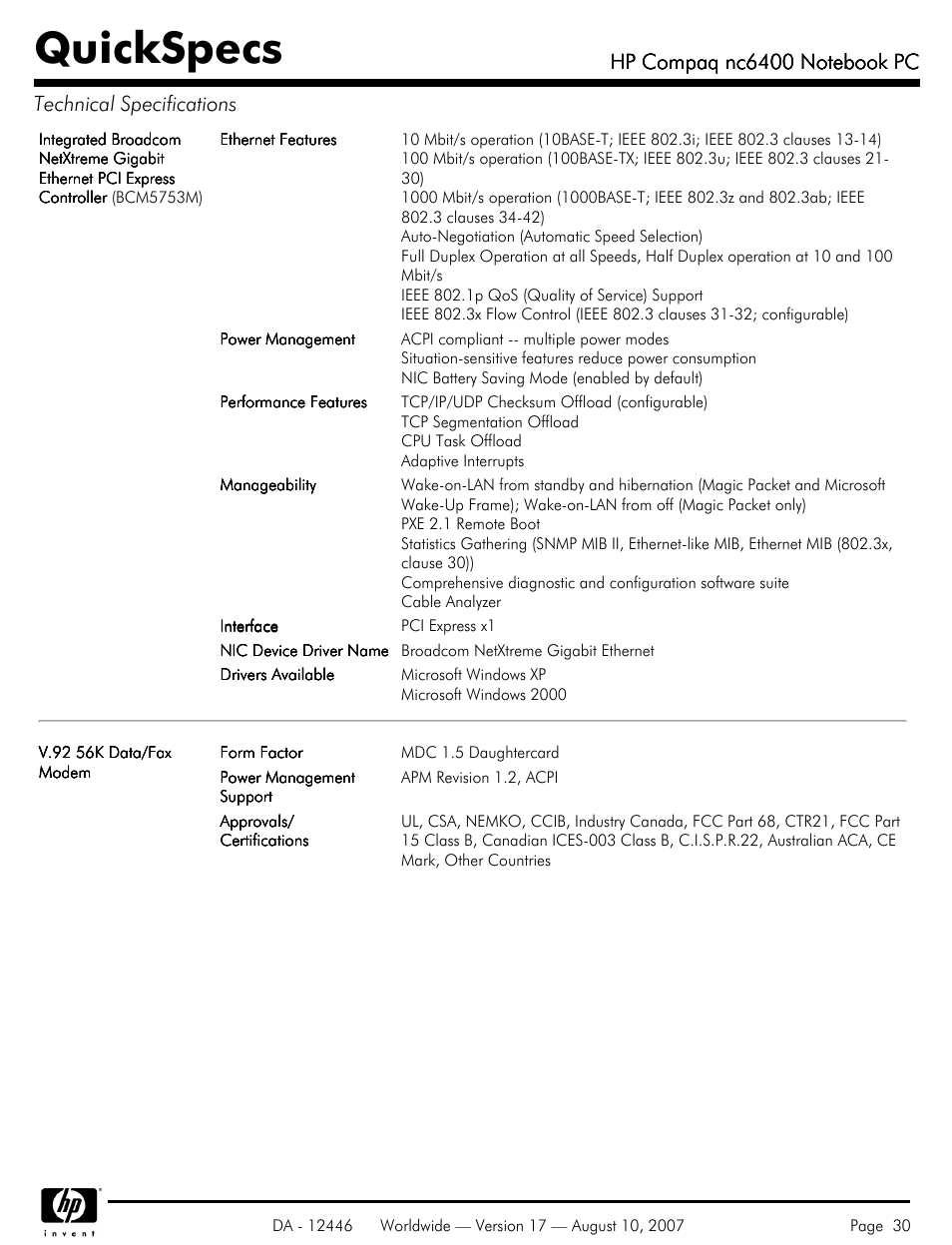 Quickspecs | HP NC6400 User Manual | Page 30 / 44