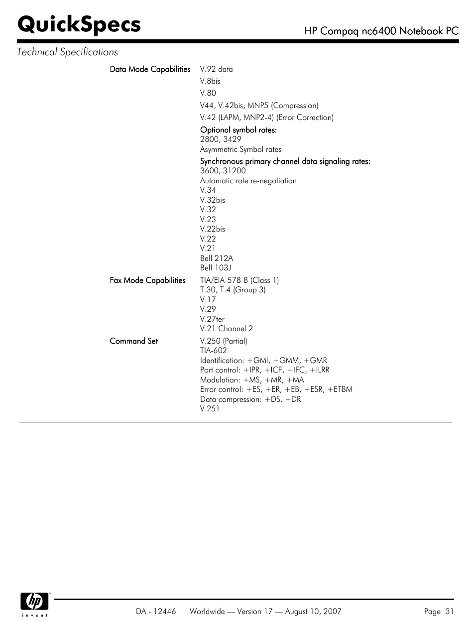 Quickspecs | HP NC6400 User Manual | Page 31 / 44