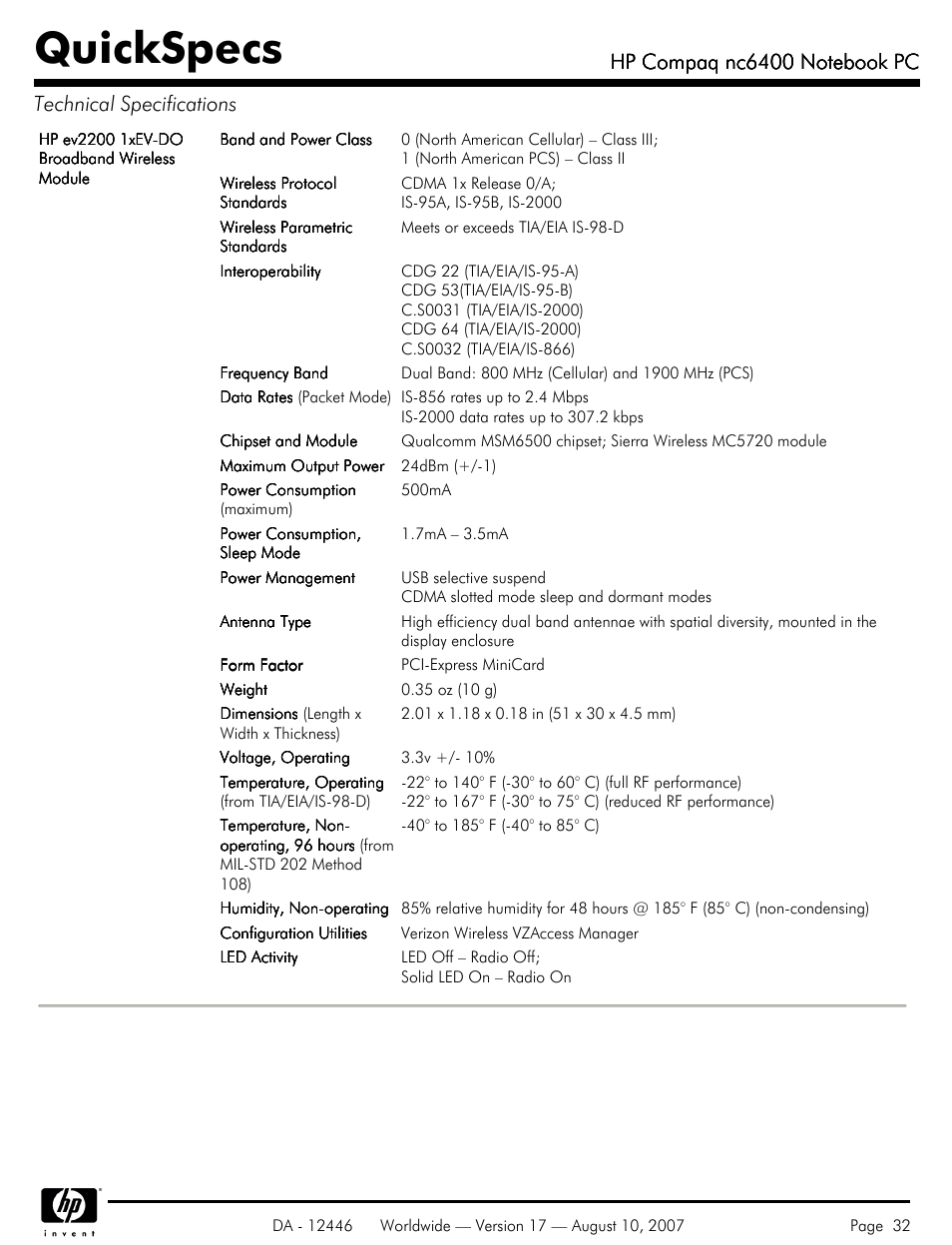 Quickspecs | HP NC6400 User Manual | Page 32 / 44