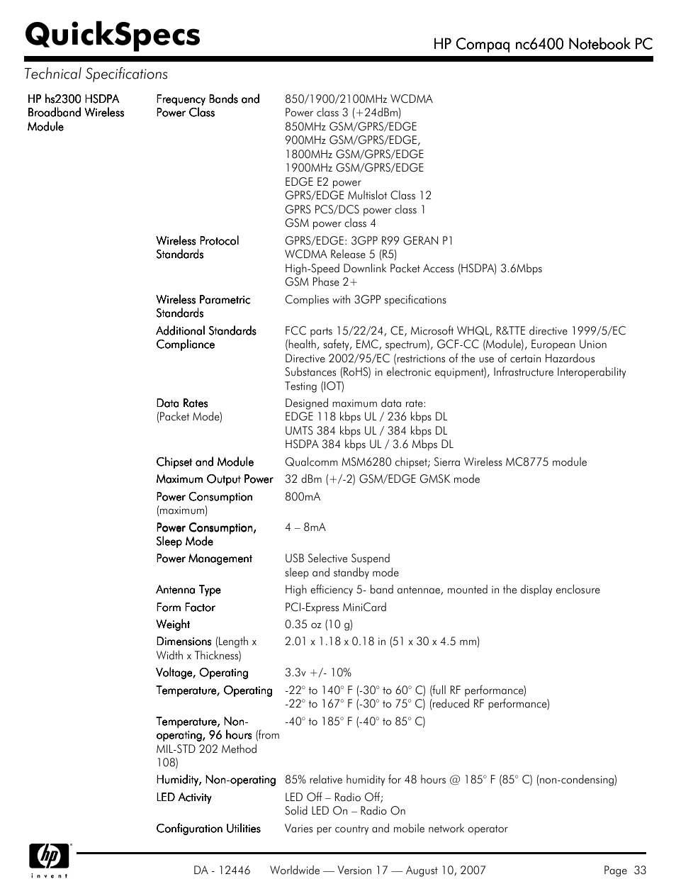 Quickspecs | HP NC6400 User Manual | Page 33 / 44