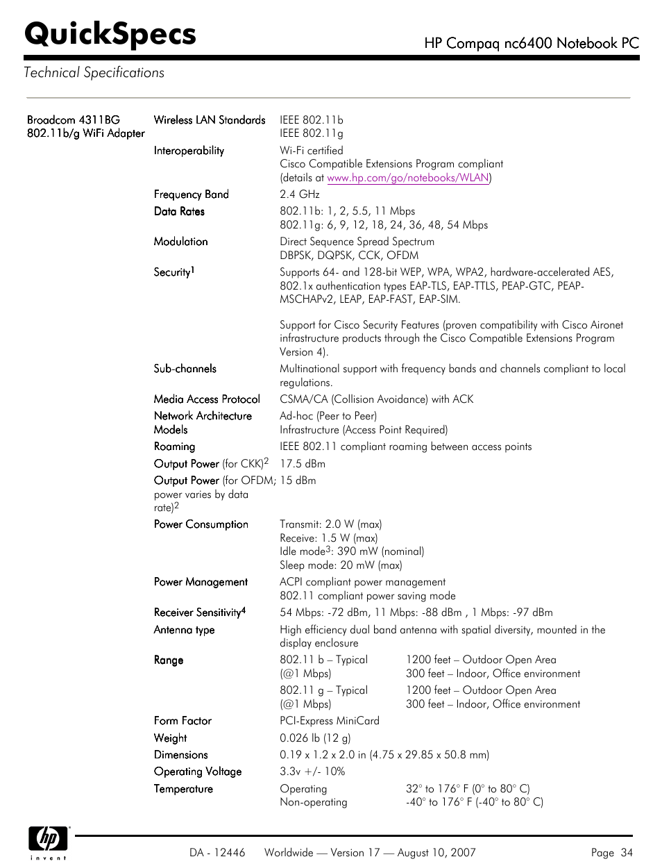 Quickspecs | HP NC6400 User Manual | Page 34 / 44