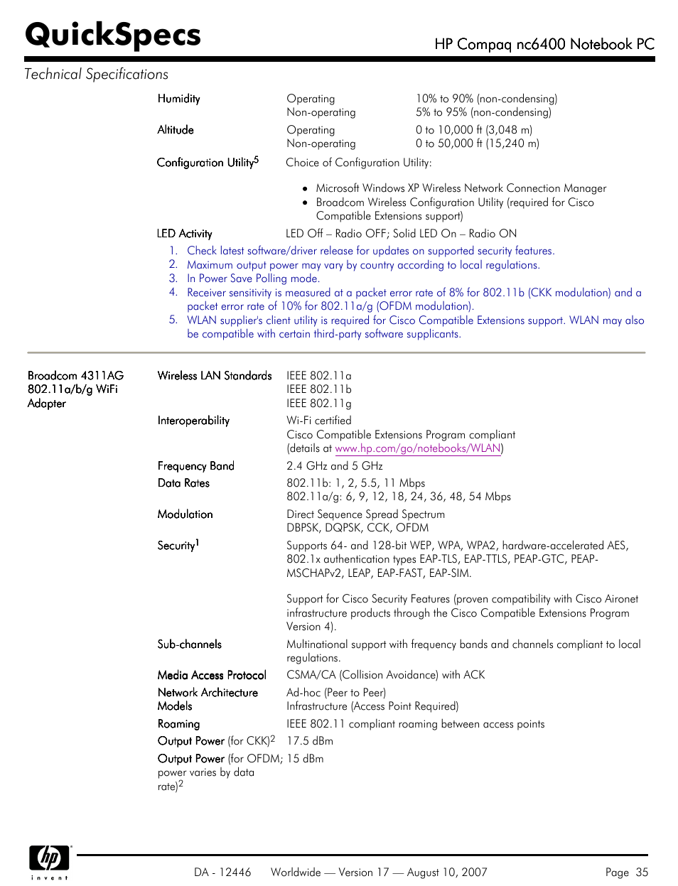 Quickspecs | HP NC6400 User Manual | Page 35 / 44