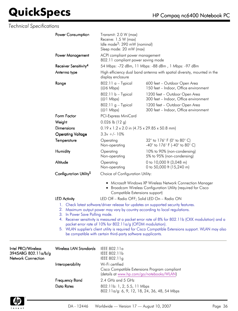 Quickspecs | HP NC6400 User Manual | Page 36 / 44