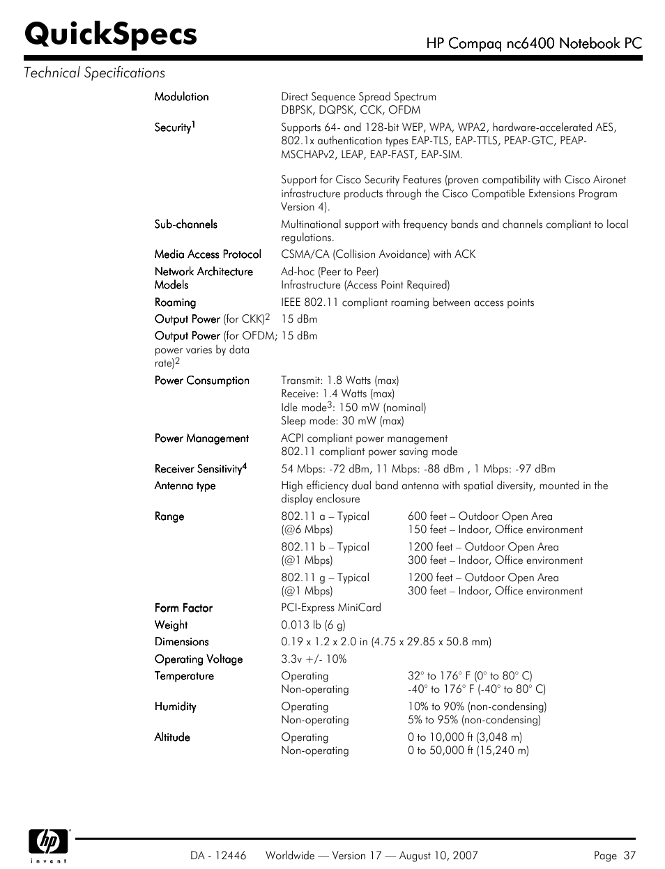 Quickspecs | HP NC6400 User Manual | Page 37 / 44