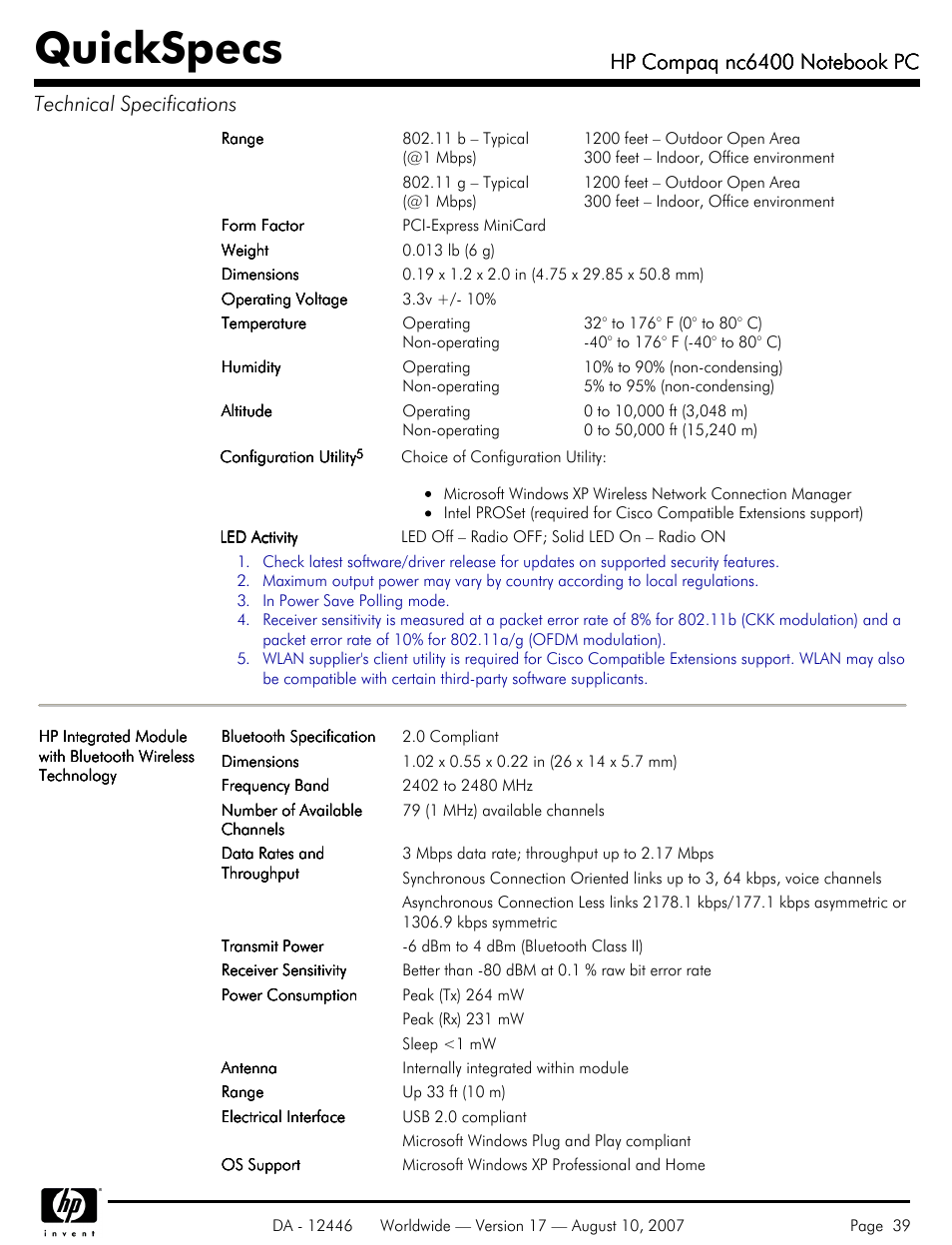 Quickspecs | HP NC6400 User Manual | Page 39 / 44