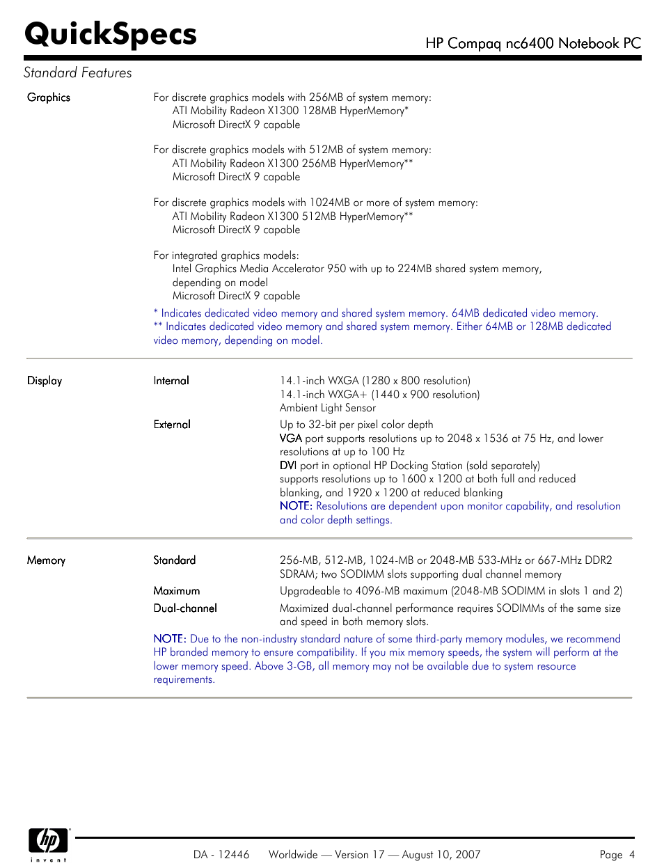 Quickspecs | HP NC6400 User Manual | Page 4 / 44