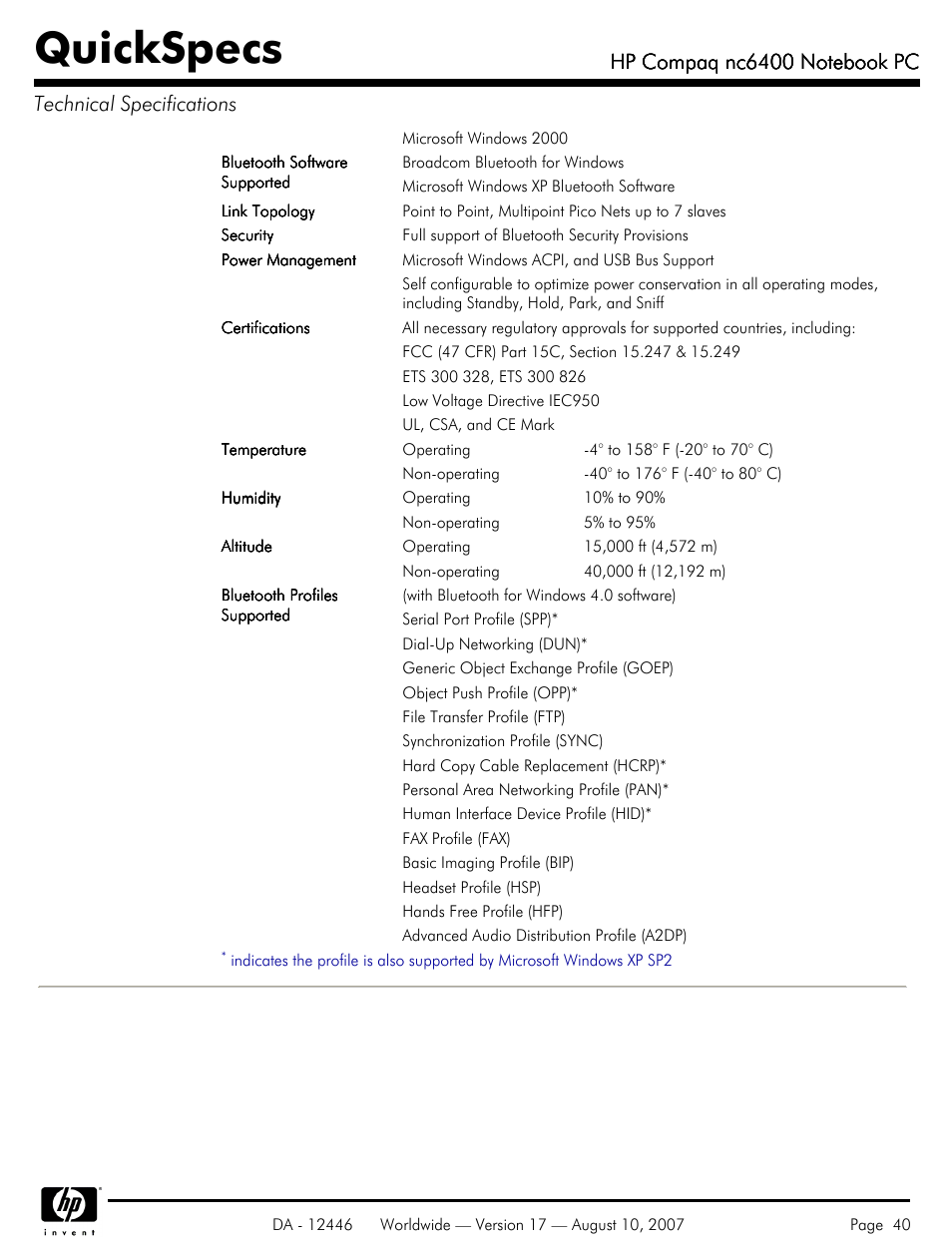 Quickspecs | HP NC6400 User Manual | Page 40 / 44