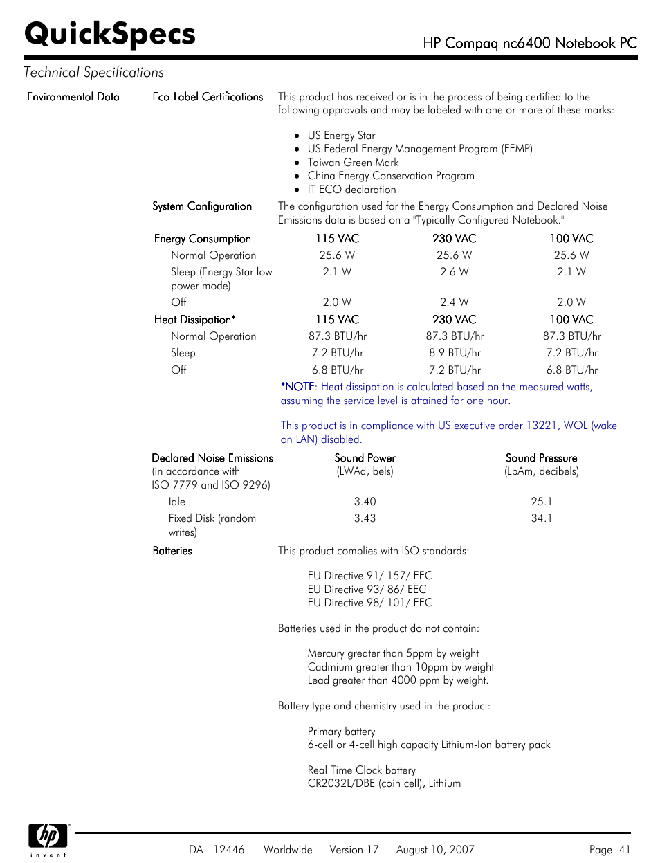 Quickspecs | HP NC6400 User Manual | Page 41 / 44