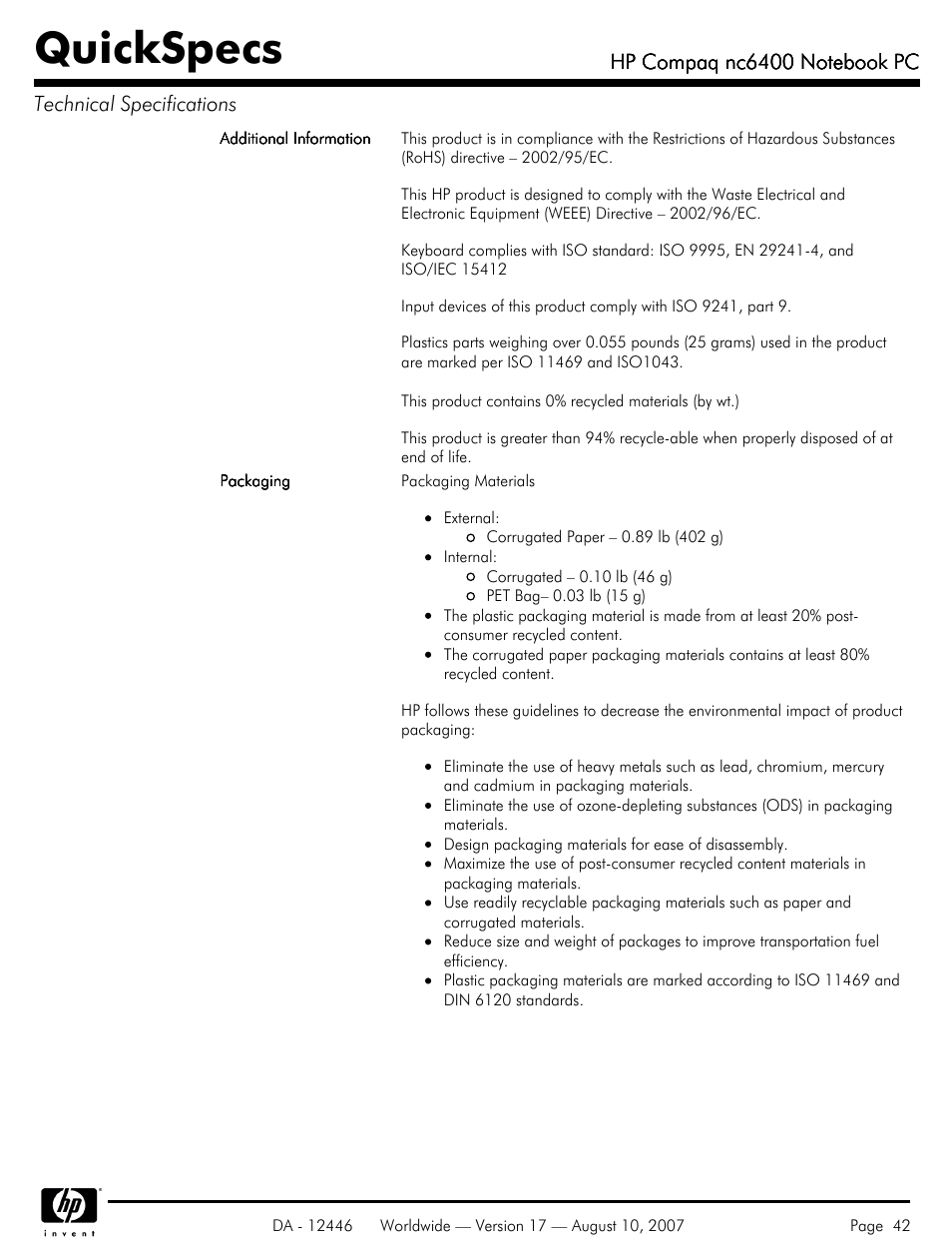 Quickspecs | HP NC6400 User Manual | Page 42 / 44