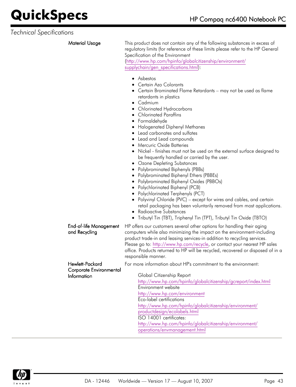 Quickspecs | HP NC6400 User Manual | Page 43 / 44