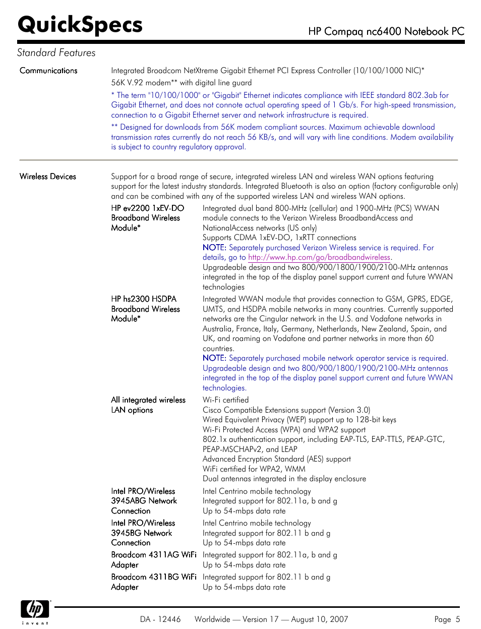 Quickspecs | HP NC6400 User Manual | Page 5 / 44