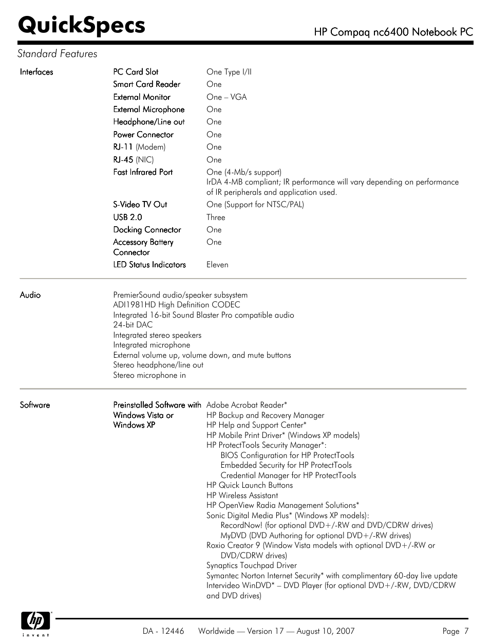 Quickspecs | HP NC6400 User Manual | Page 7 / 44