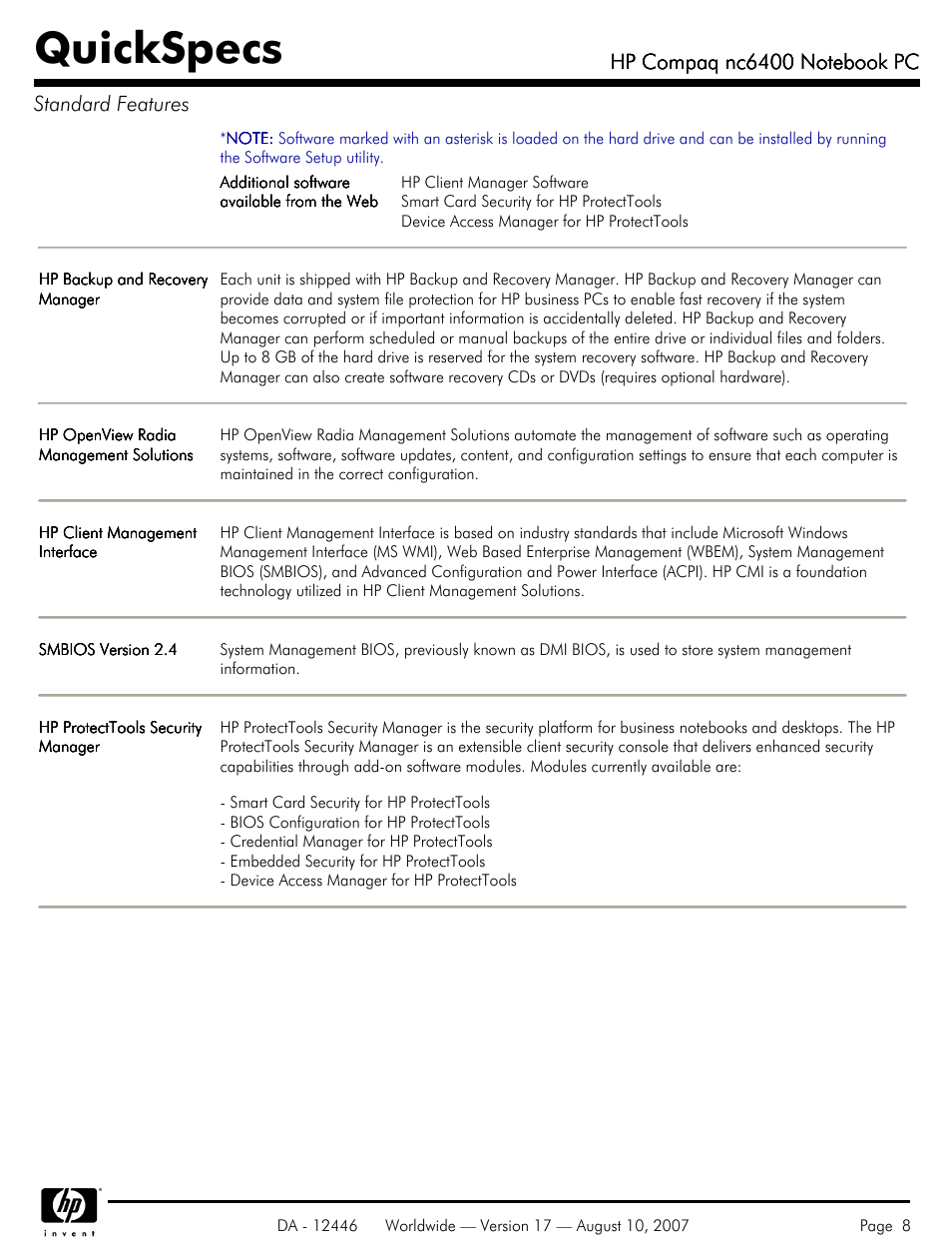 Quickspecs | HP NC6400 User Manual | Page 8 / 44