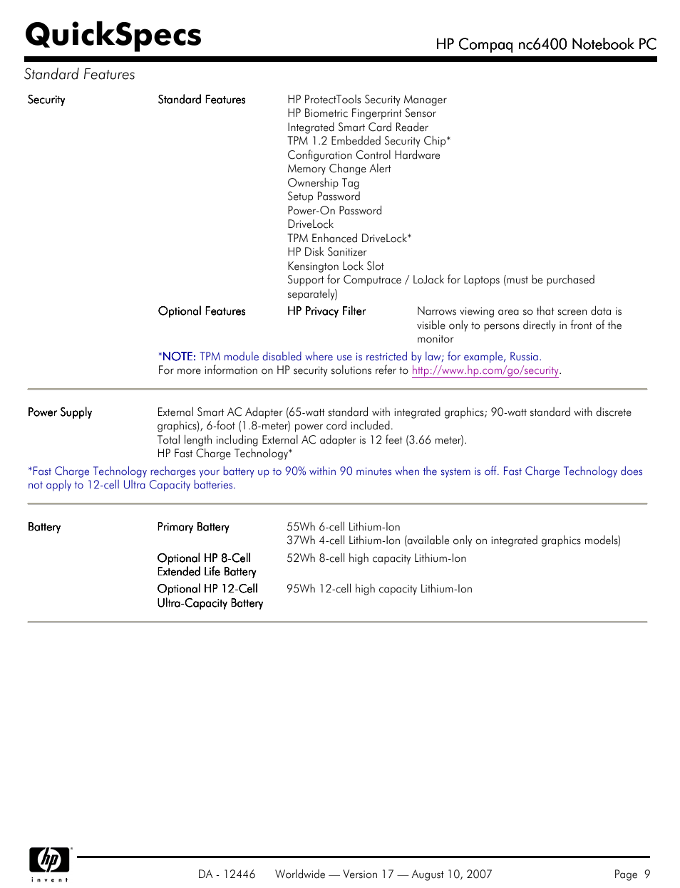 Quickspecs | HP NC6400 User Manual | Page 9 / 44