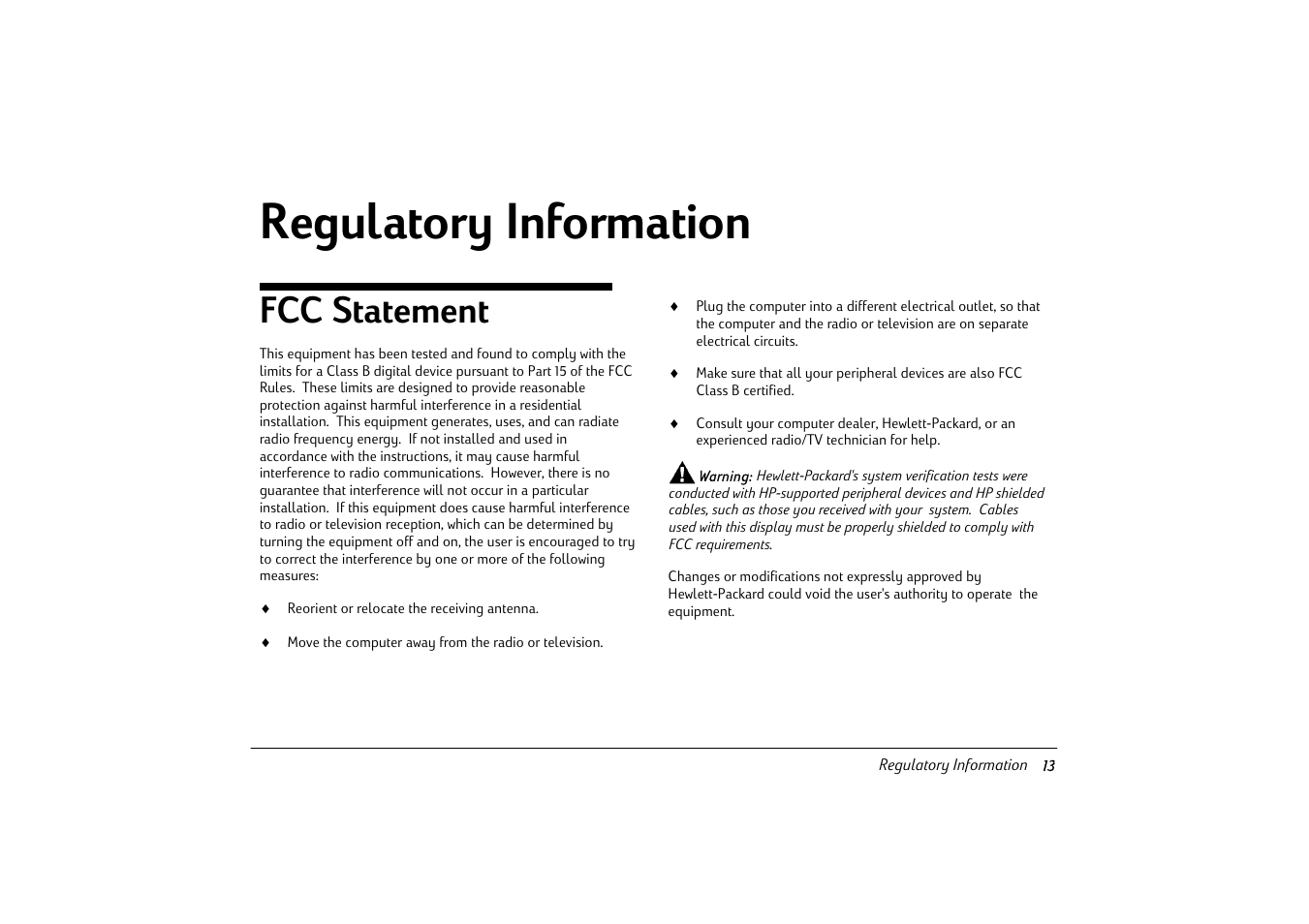 Regulatory information, Fcc statement | HP Pavilion v50 User Manual | Page 18 / 22