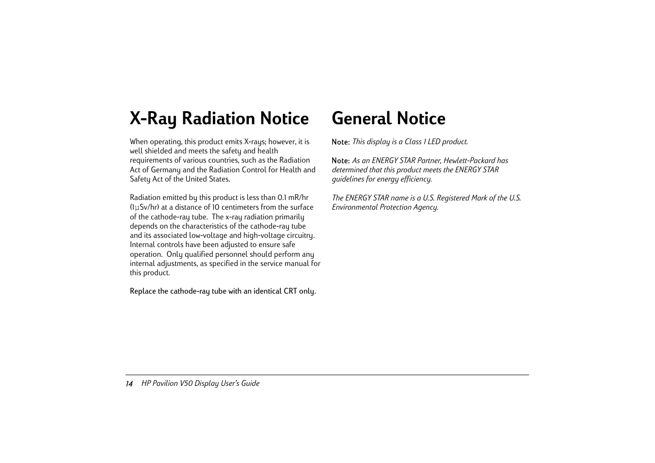 X-ray radiation notice, General notice | HP Pavilion v50 User Manual | Page 19 / 22