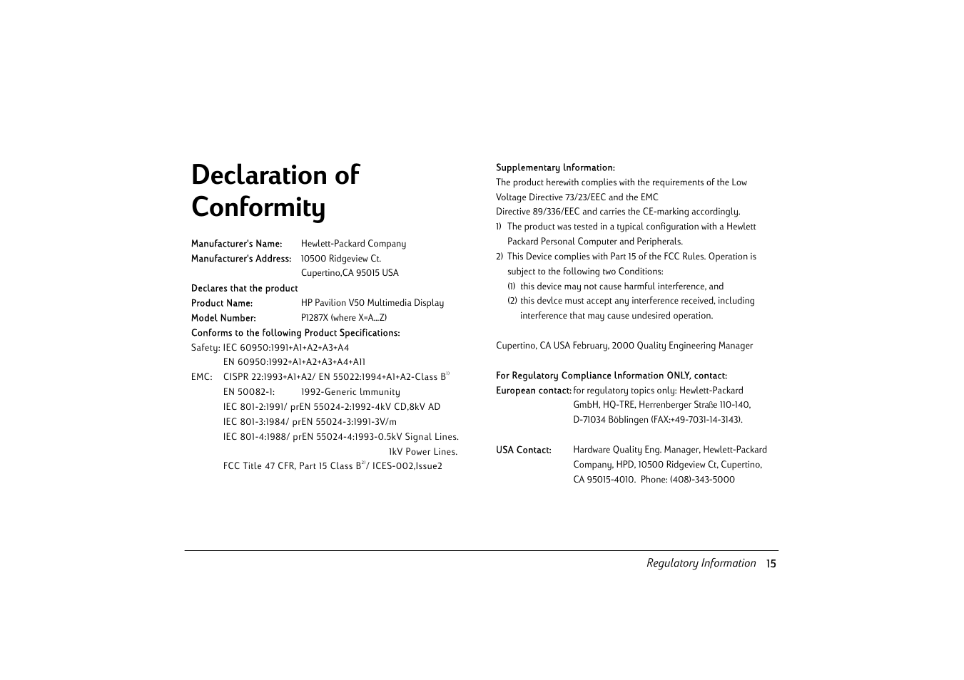 Declaration of conformity | HP Pavilion v50 User Manual | Page 20 / 22