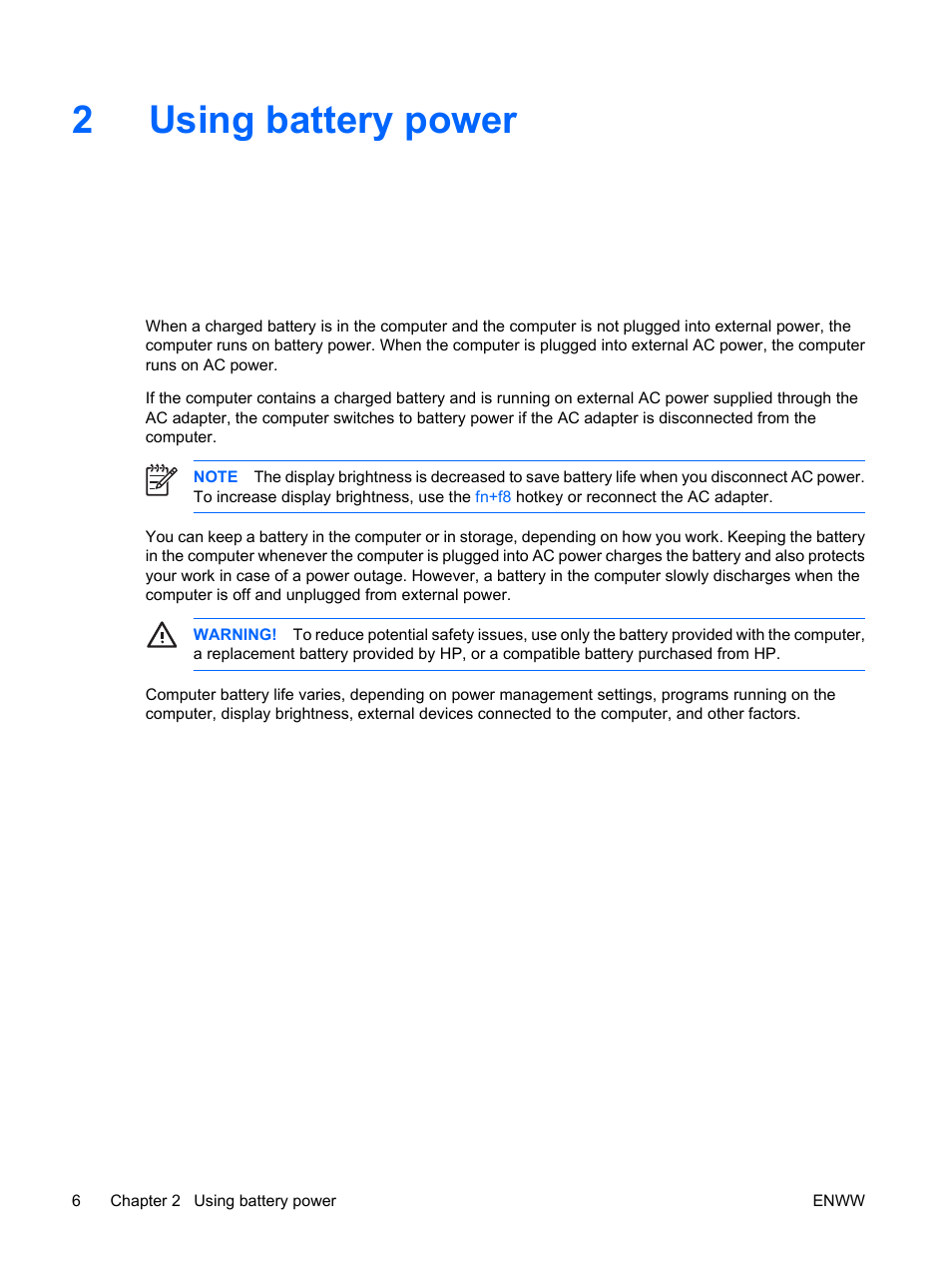 Using battery power, 2 using battery power, 2using battery power | HP Power Management User Manual | Page 10 / 27