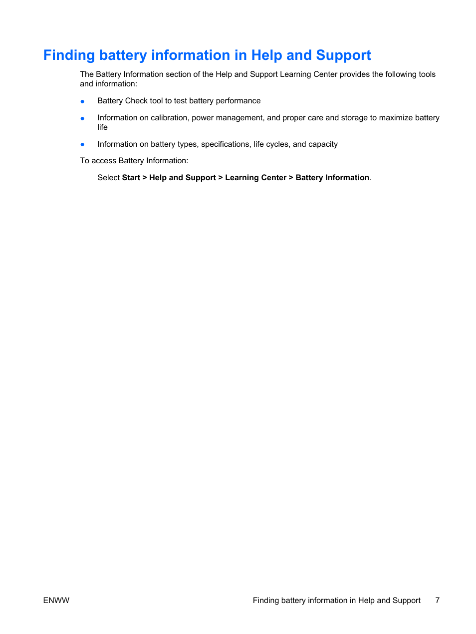 Finding battery information in help and support | HP Power Management User Manual | Page 11 / 27