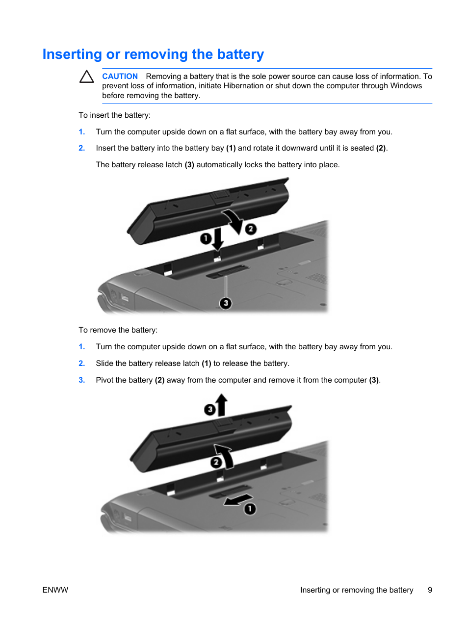 Inserting or removing the battery | HP Power Management User Manual | Page 13 / 27