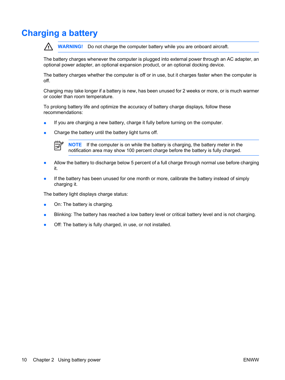 Charging a battery | HP Power Management User Manual | Page 14 / 27