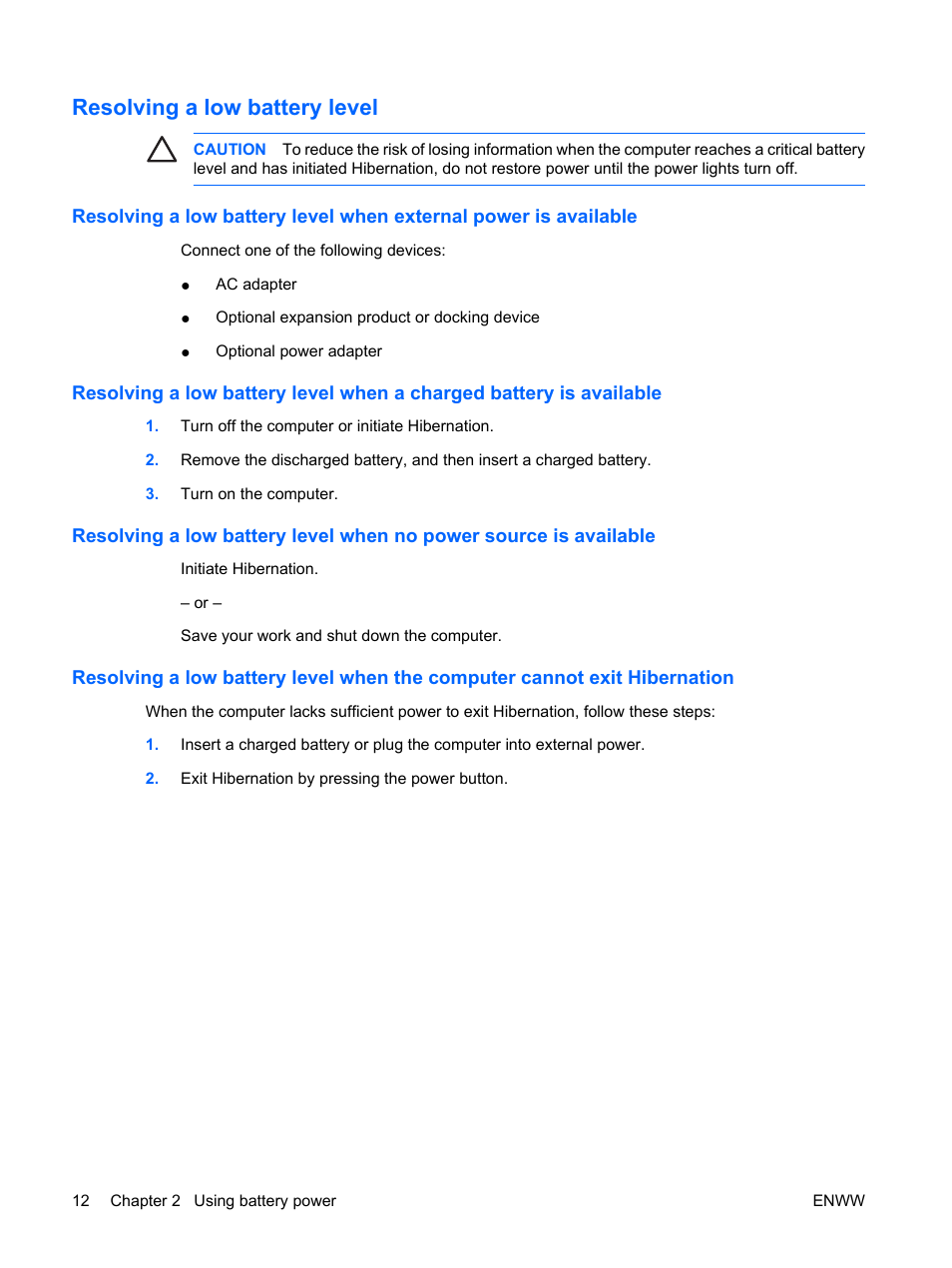 Resolving a low battery level | HP Power Management User Manual | Page 16 / 27